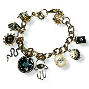 Gold Toned Evil Eye Hand of Hamsa Good Luck Charm Link Bracelet NEW